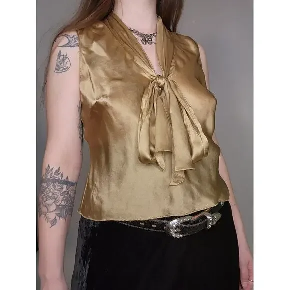 Y2k The Limited Gold Shimmery V-Neck Tie Front Poet Silk Croquette Tank Top Sz S - Picture 5 of 8